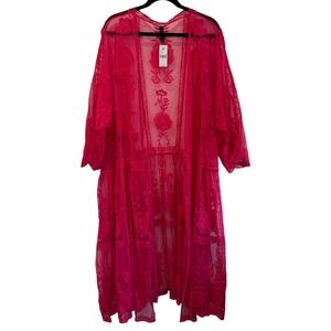 Lane Bryant Hot Pink Floral Embroidered Mesh Duster Cardigan 34/36 6X NWT